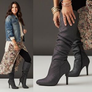 Andiamo NWOT Glitter Knee High‎ Stiletto Boots 7M Black Party Heels